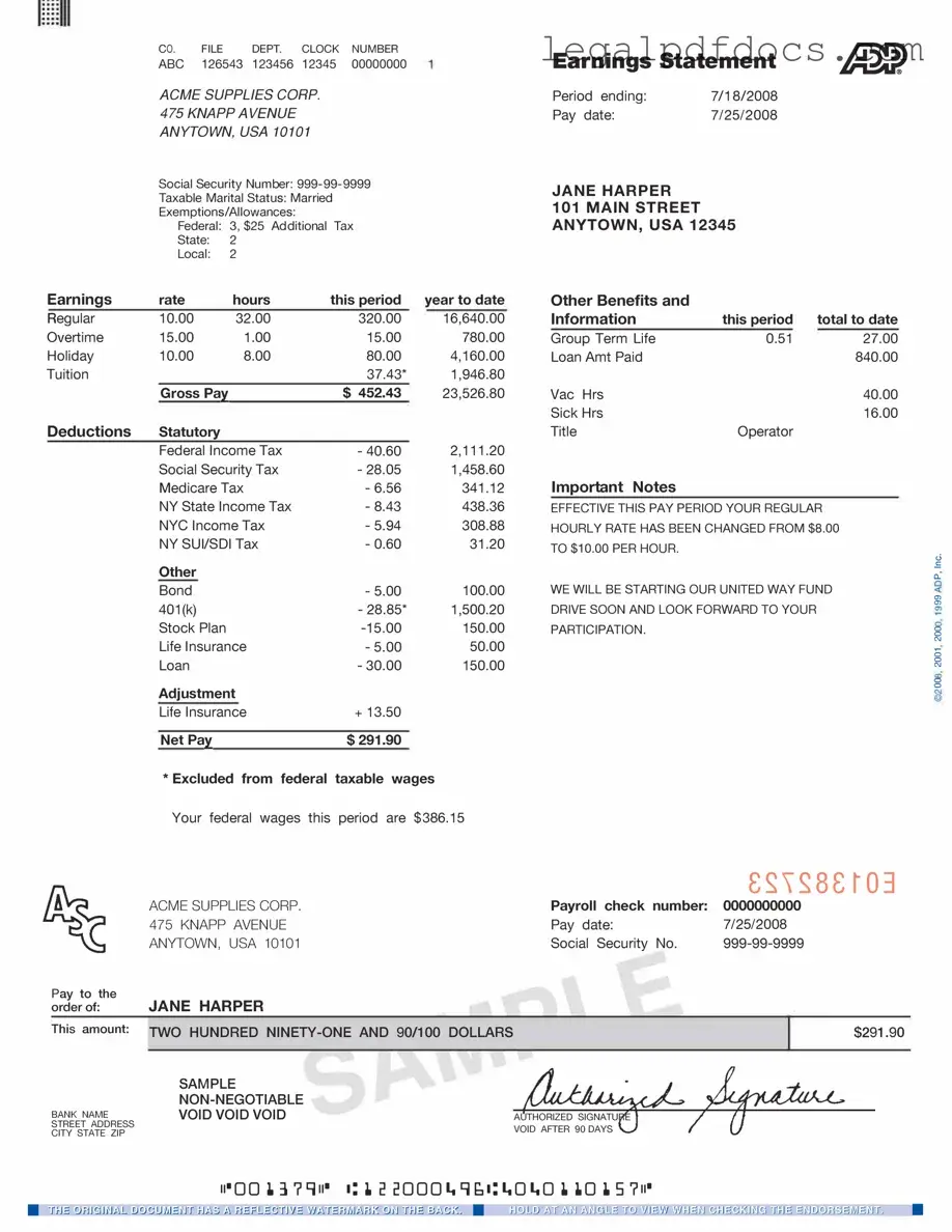 Fill Out a Valid Adp Pay Stub Template