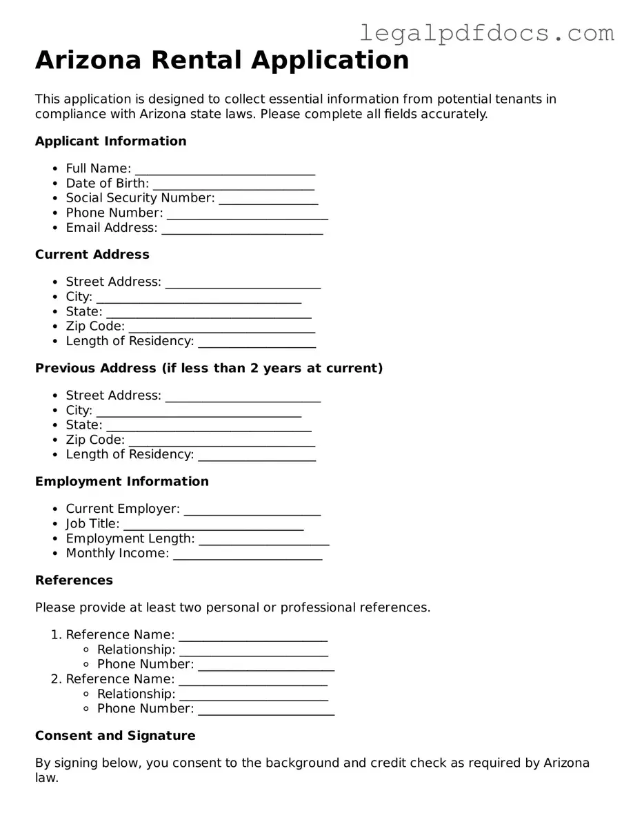 Official  Rental Application Form for Arizona