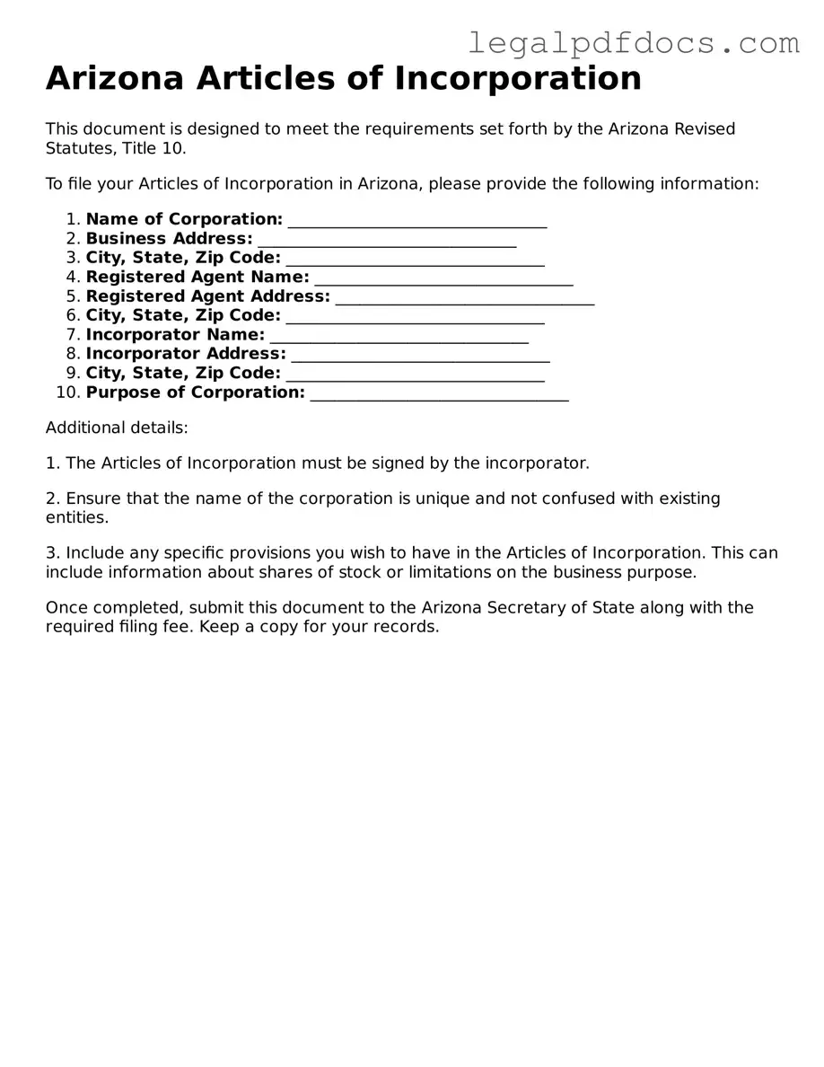 Official Articles of Incorporation Form for Arizona
