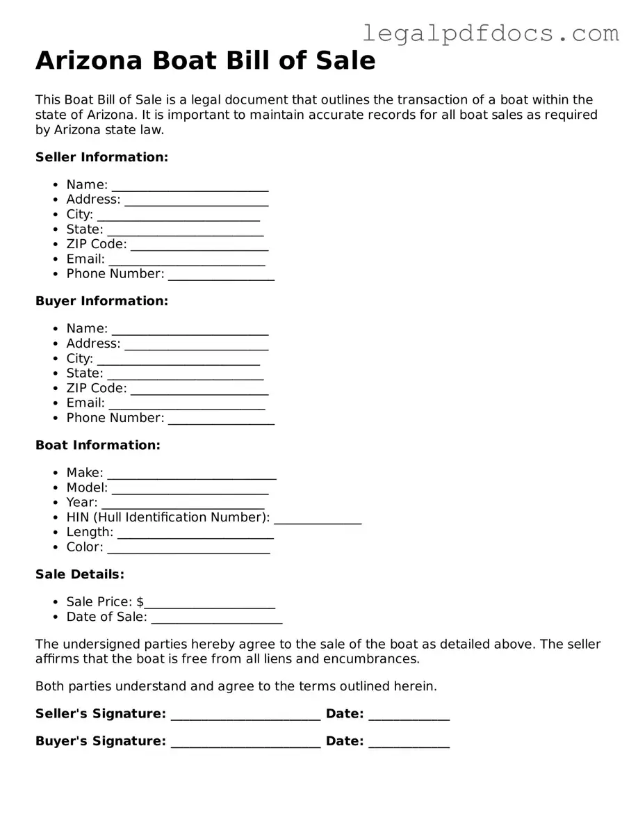 Official Boat Bill of Sale Form for Arizona