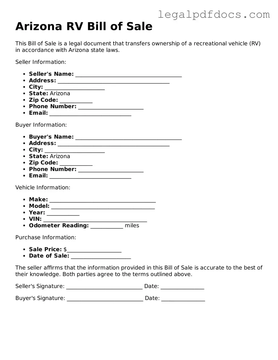 Official RV Bill of Sale Form for Arizona