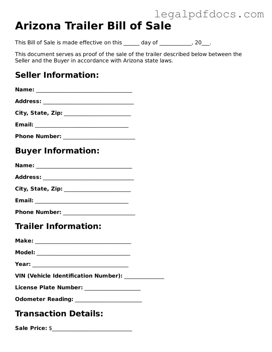 Official Trailer Bill of Sale Form for Arizona