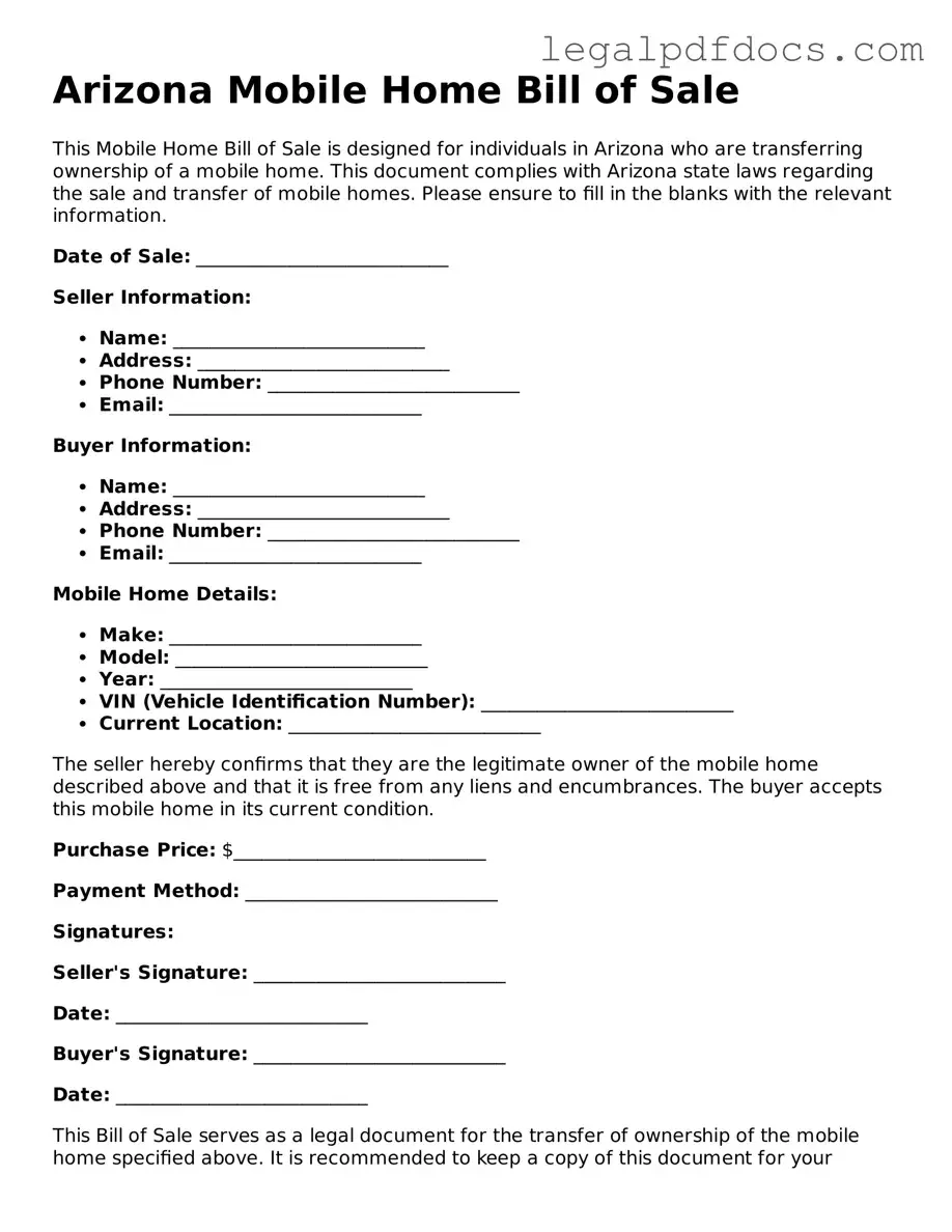 Official  Mobile Home Bill of Sale Form for Arizona