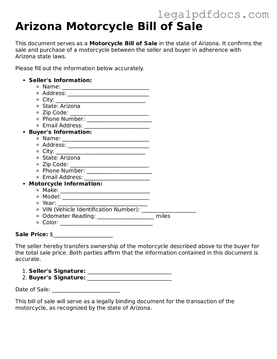 Official  Motorcycle Bill of Sale Form for Arizona
