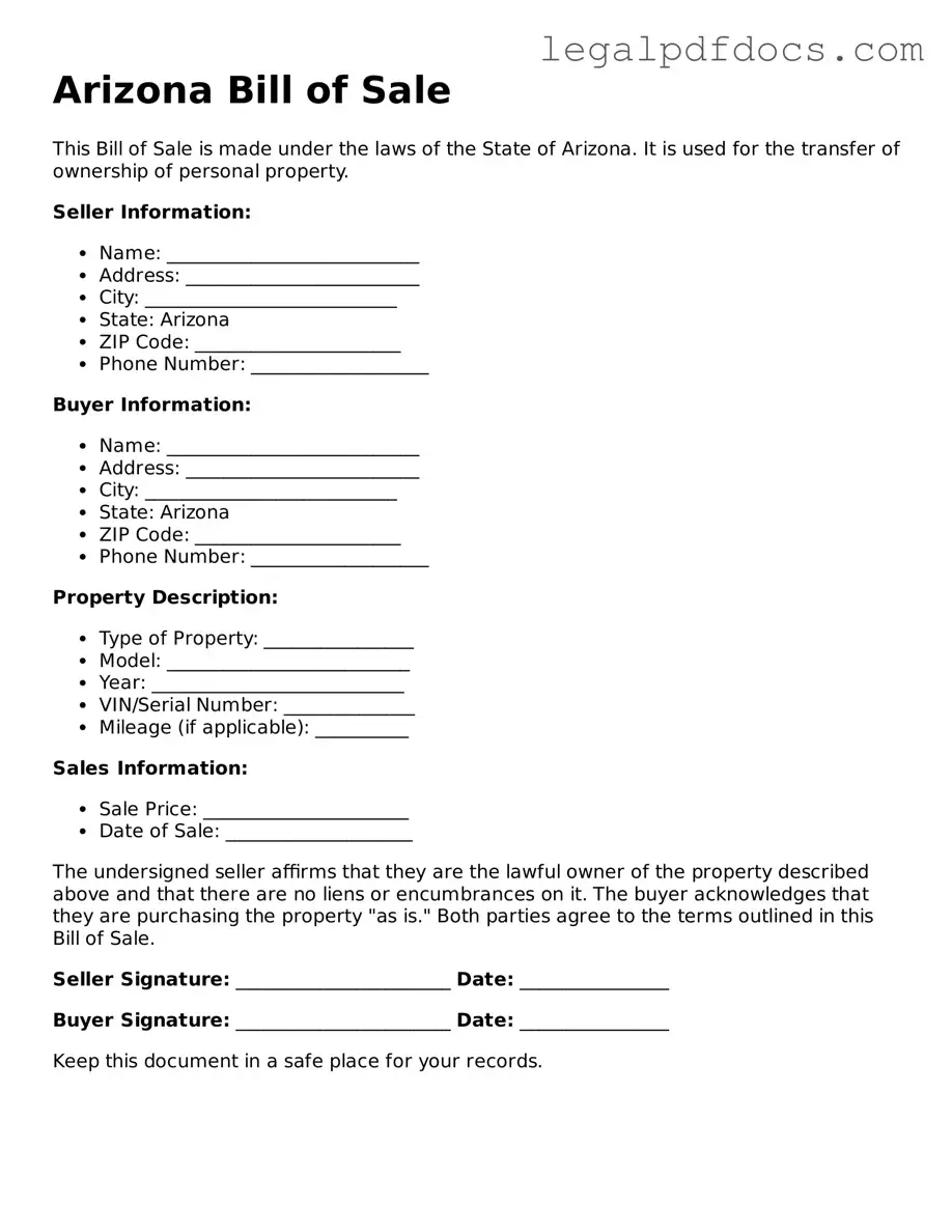 Official  Bill of Sale Form for Arizona