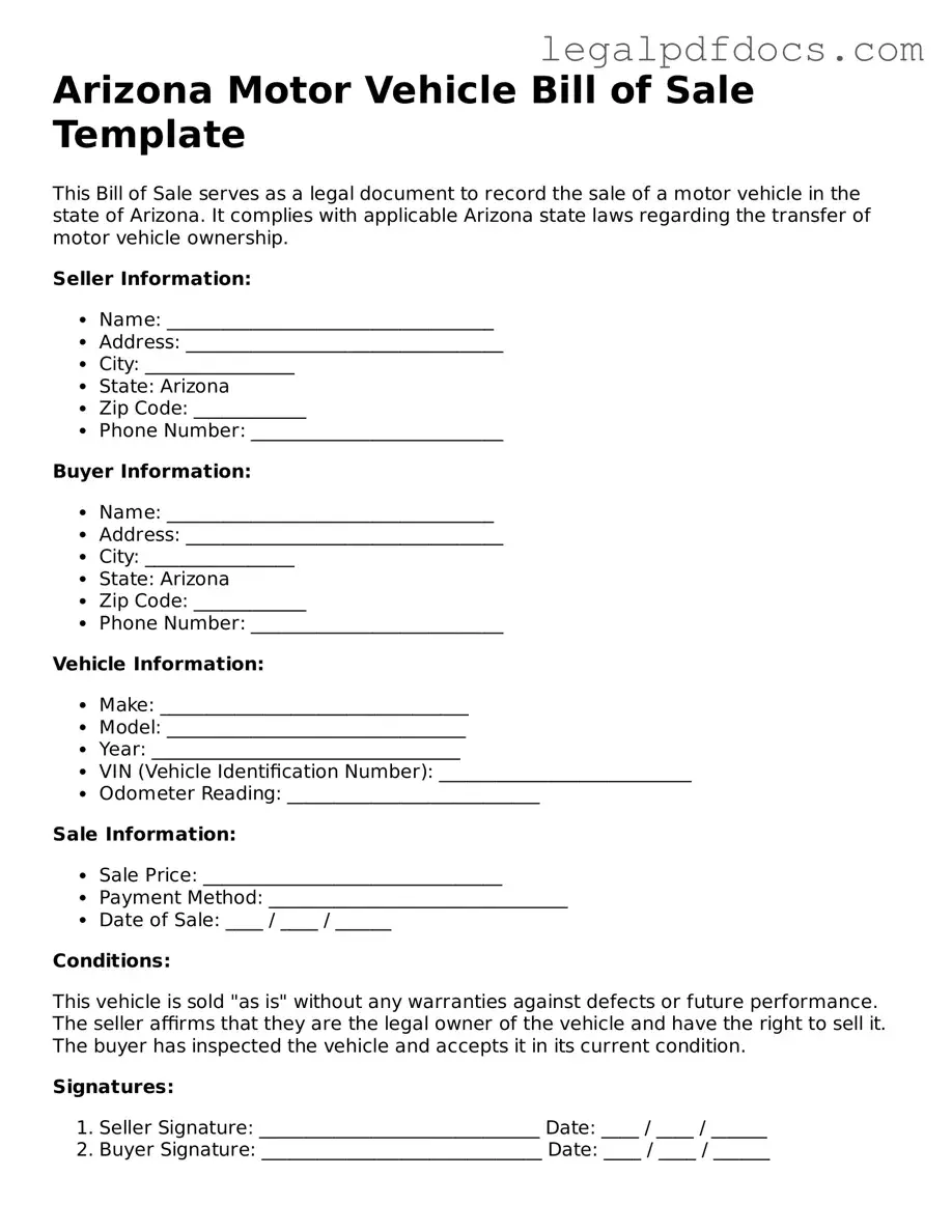 Official Motor Vehicle Bill of Sale Form for Arizona