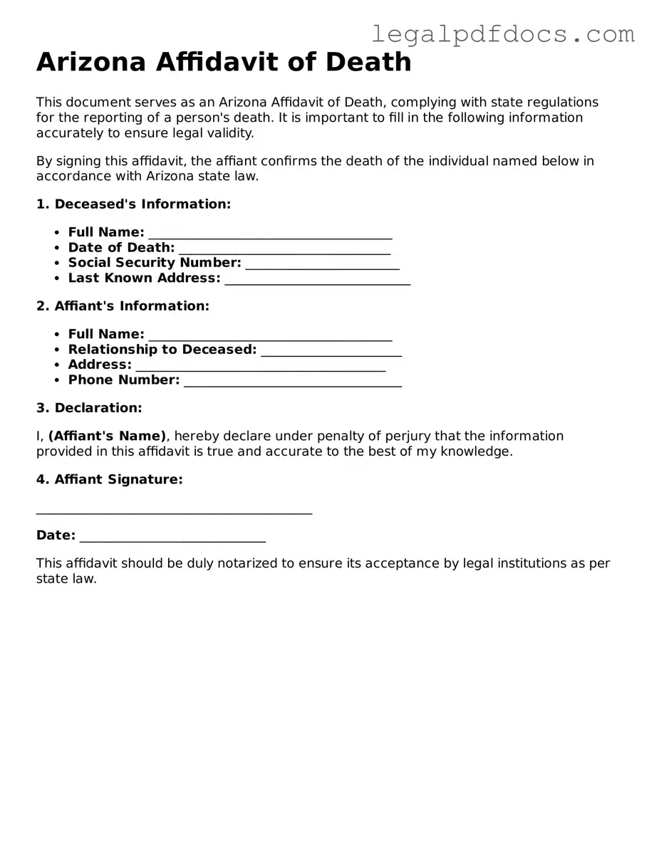 Official  Affidavit of Death Form for Arizona