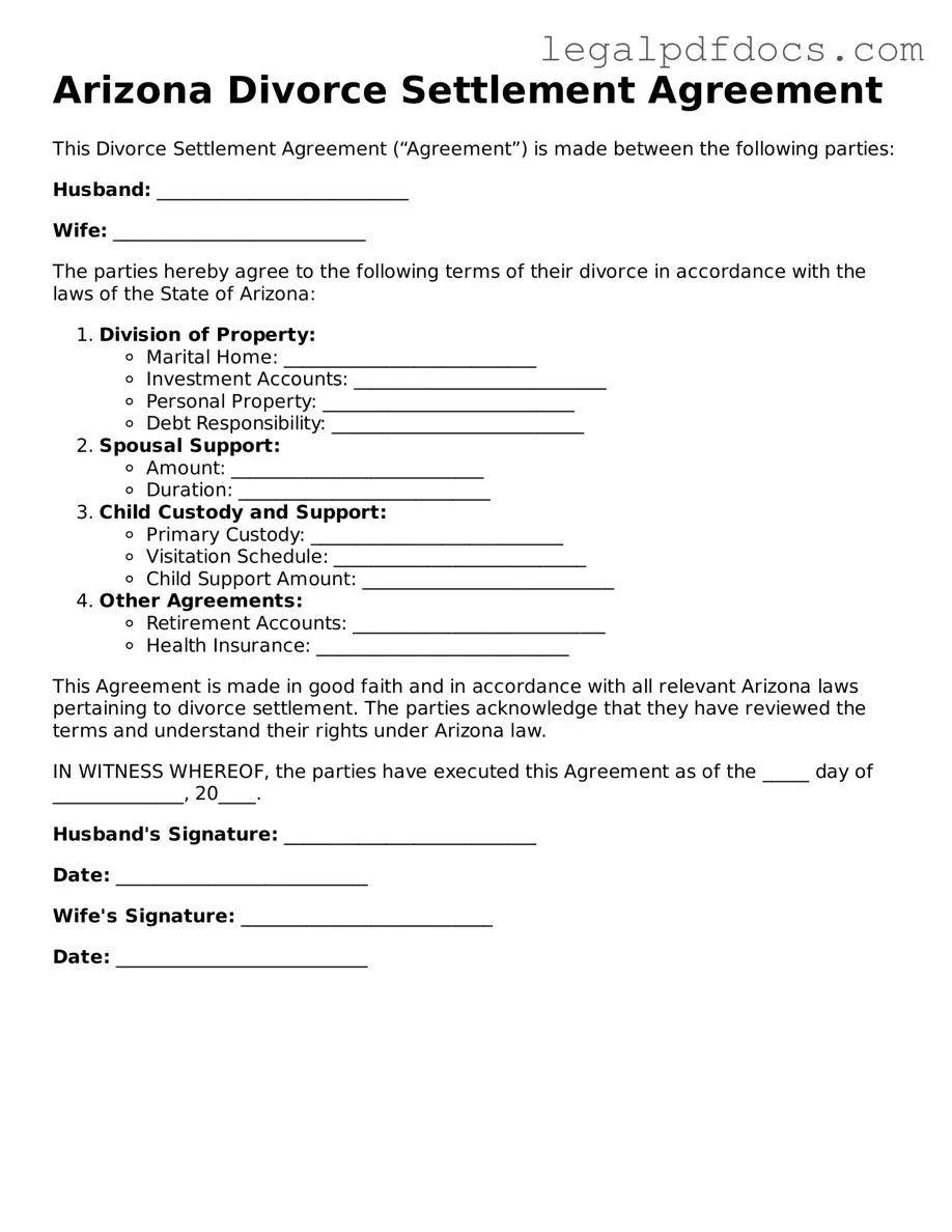 Official  Divorce Settlement Agreement Form for Arizona