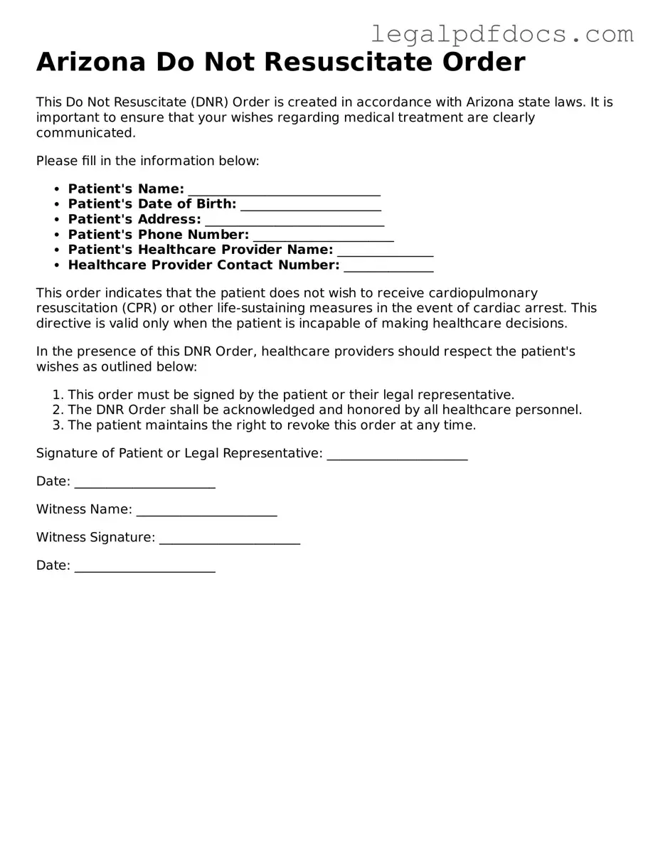 Official Do Not Resuscitate Order Form for Arizona