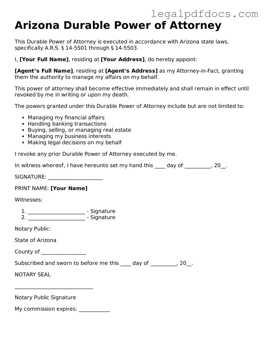 Official  Durable Power of Attorney Form for Arizona