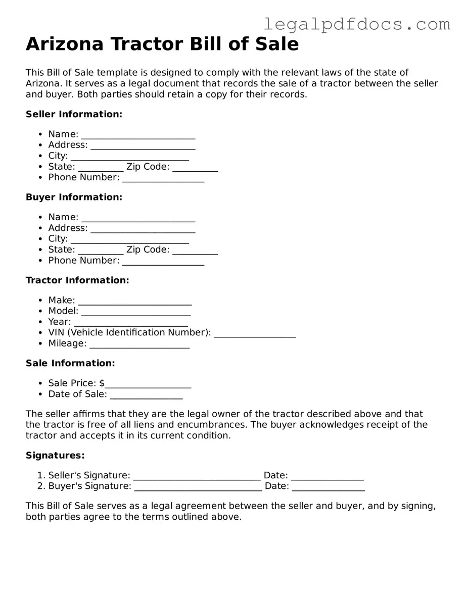 Official  Tractor Bill of Sale Form for Arizona