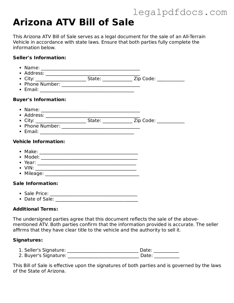 Official ATV Bill of Sale Form for Arizona
