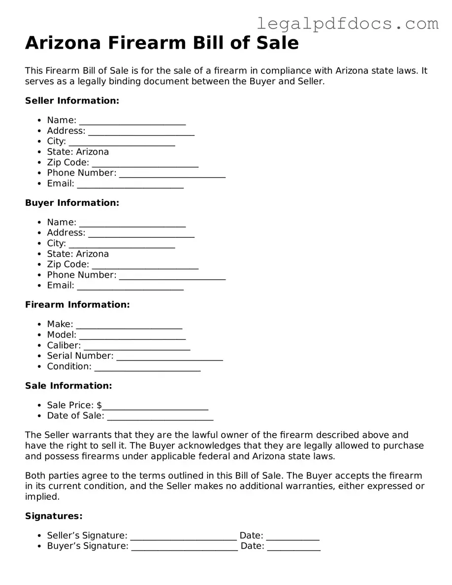 Official  Firearm Bill of Sale Form for Arizona