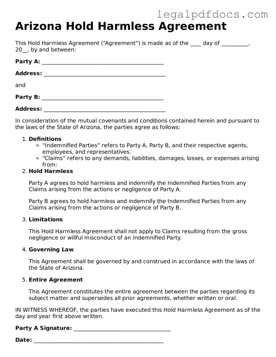 Official  Hold Harmless Agreement Form for Arizona