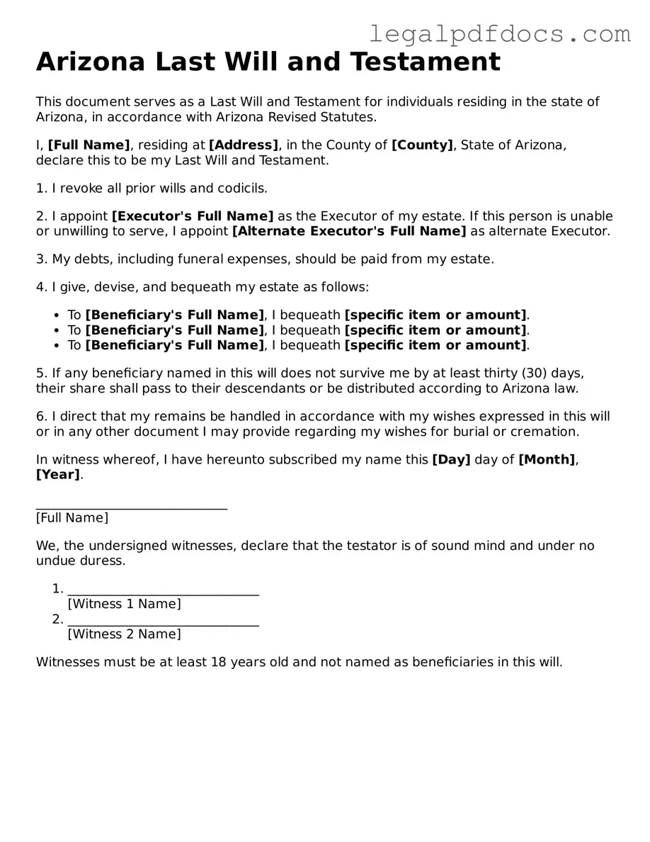 Official  Last Will and Testament Form for Arizona