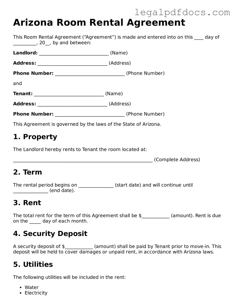 Official  Room Rental Agreement Form for Arizona