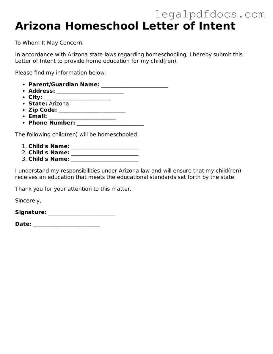 Official  Homeschool Letter of Intent Form for Arizona
