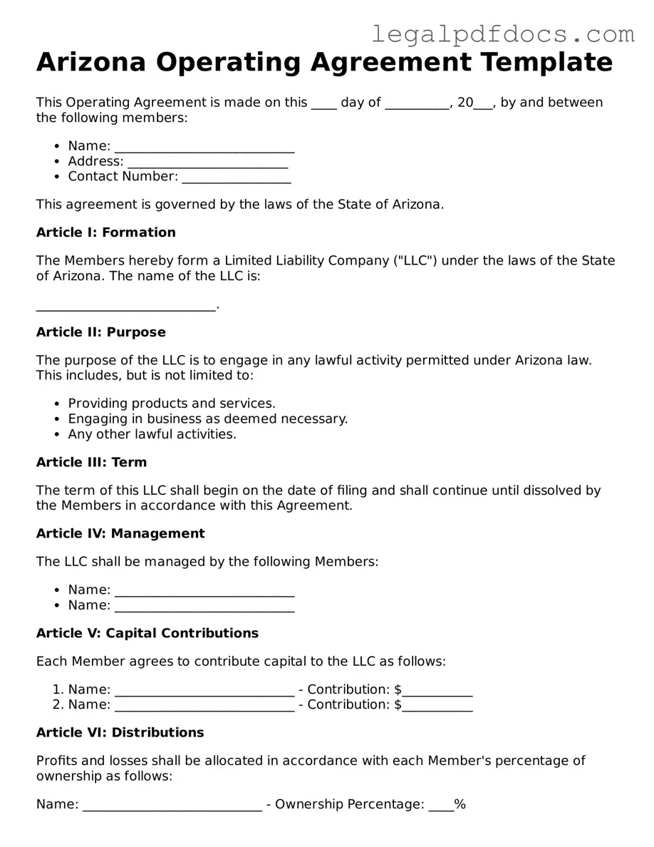 Official Operating Agreement Form for Arizona