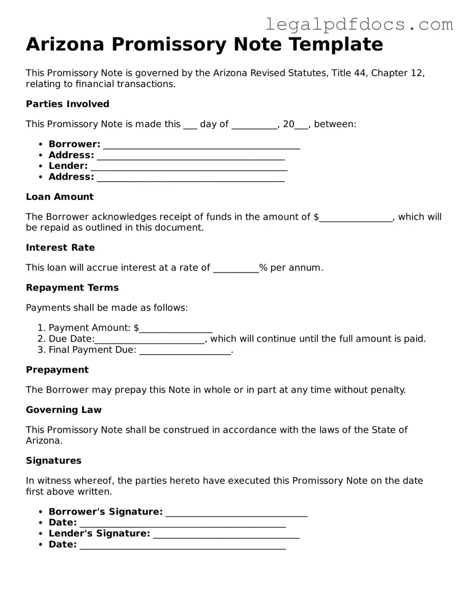 Official Promissory Note Form for Arizona