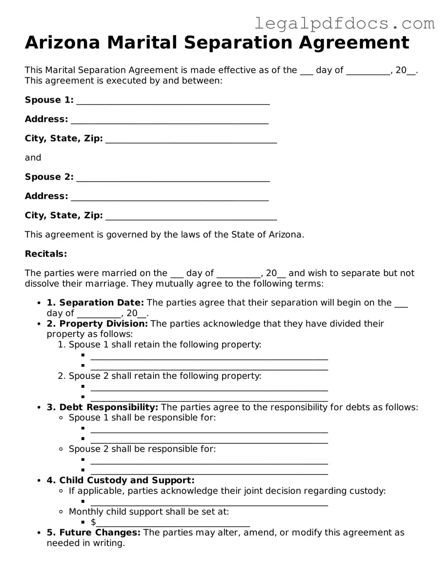 Official Marital Separation Agreement Form for Arizona
