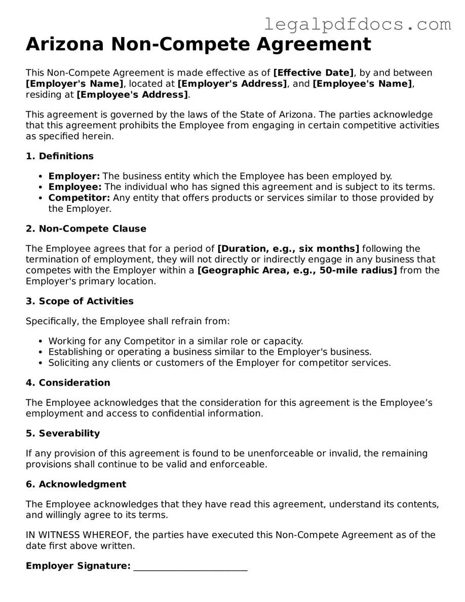 Official  Non-compete Agreement Form for Arizona
