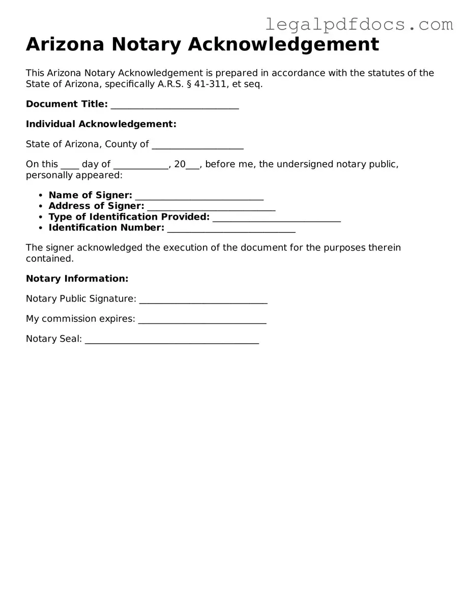 Official  Notary Acknowledgement Form for Arizona