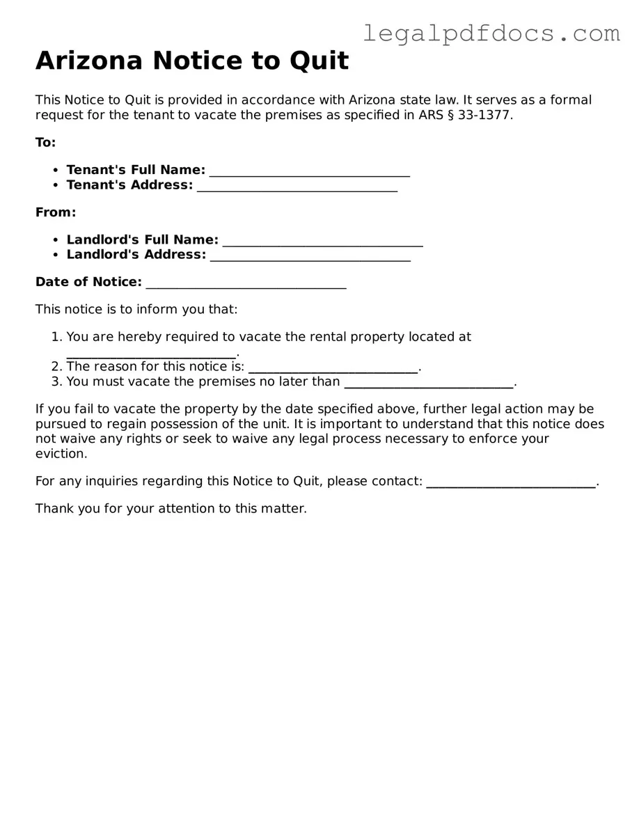 Official  Notice to Quit Form for Arizona