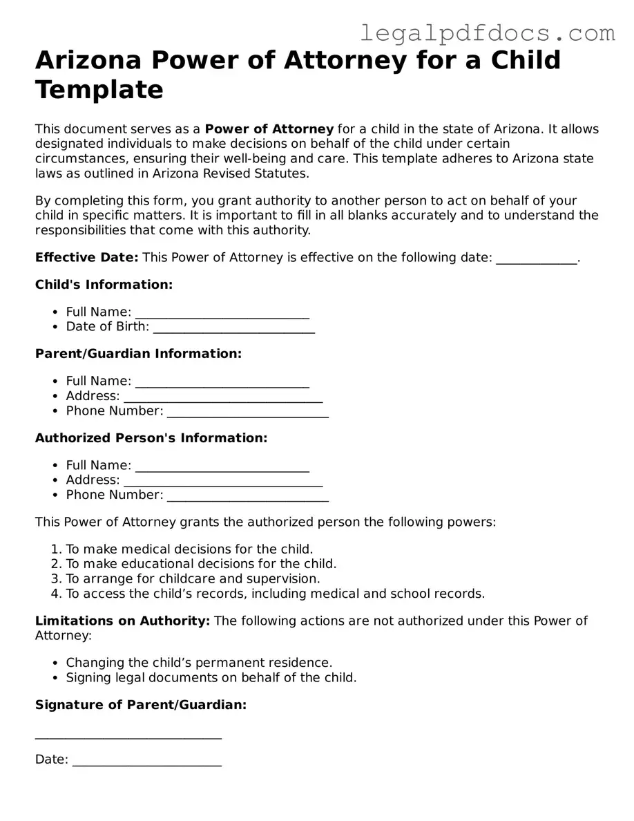 Official  Power of Attorney for a Child Form for Arizona