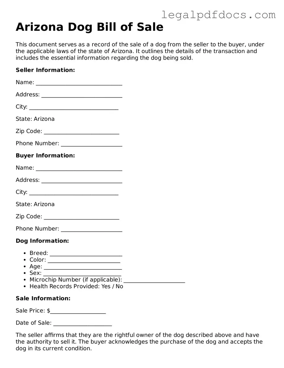 Official Dog Bill of Sale Form for Arizona