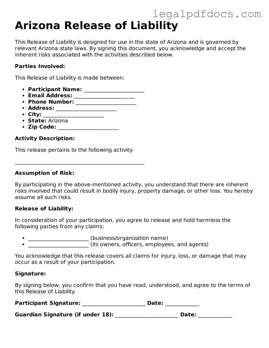 Official Release of Liability Form for Arizona