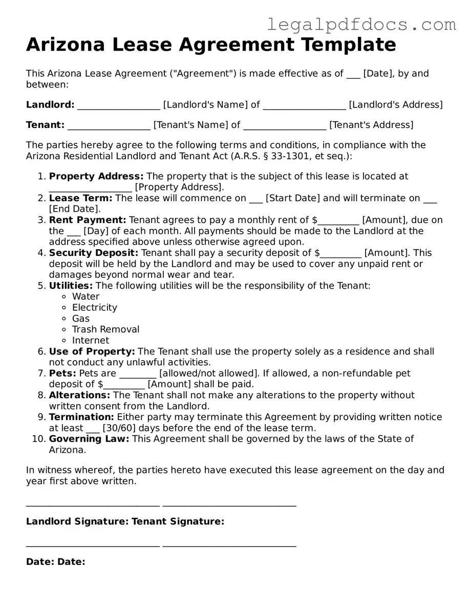 Official Lease Agreement Form for Arizona