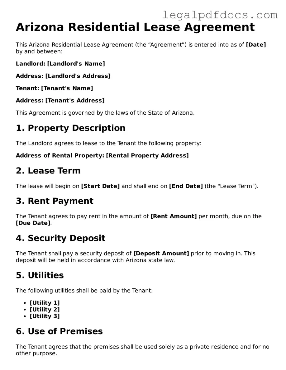 Official  Residential Lease Agreement Form for Arizona
