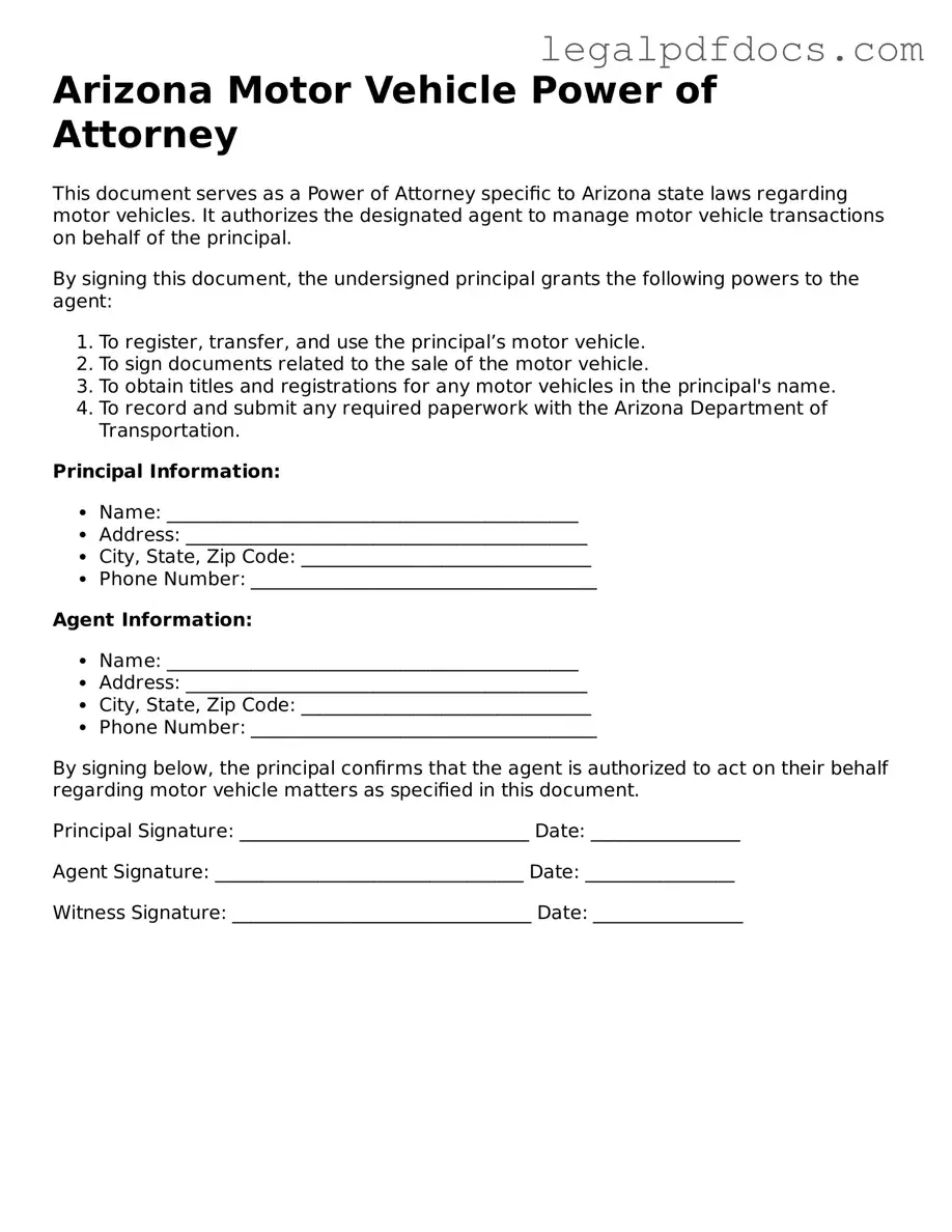 Official  Motor Vehicle Power of Attorney Form for Arizona