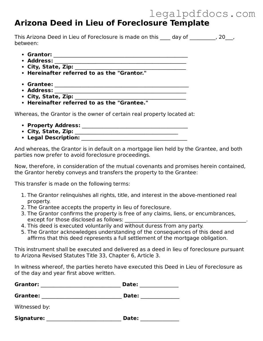 Official  Deed in Lieu of Foreclosure Form for Arizona