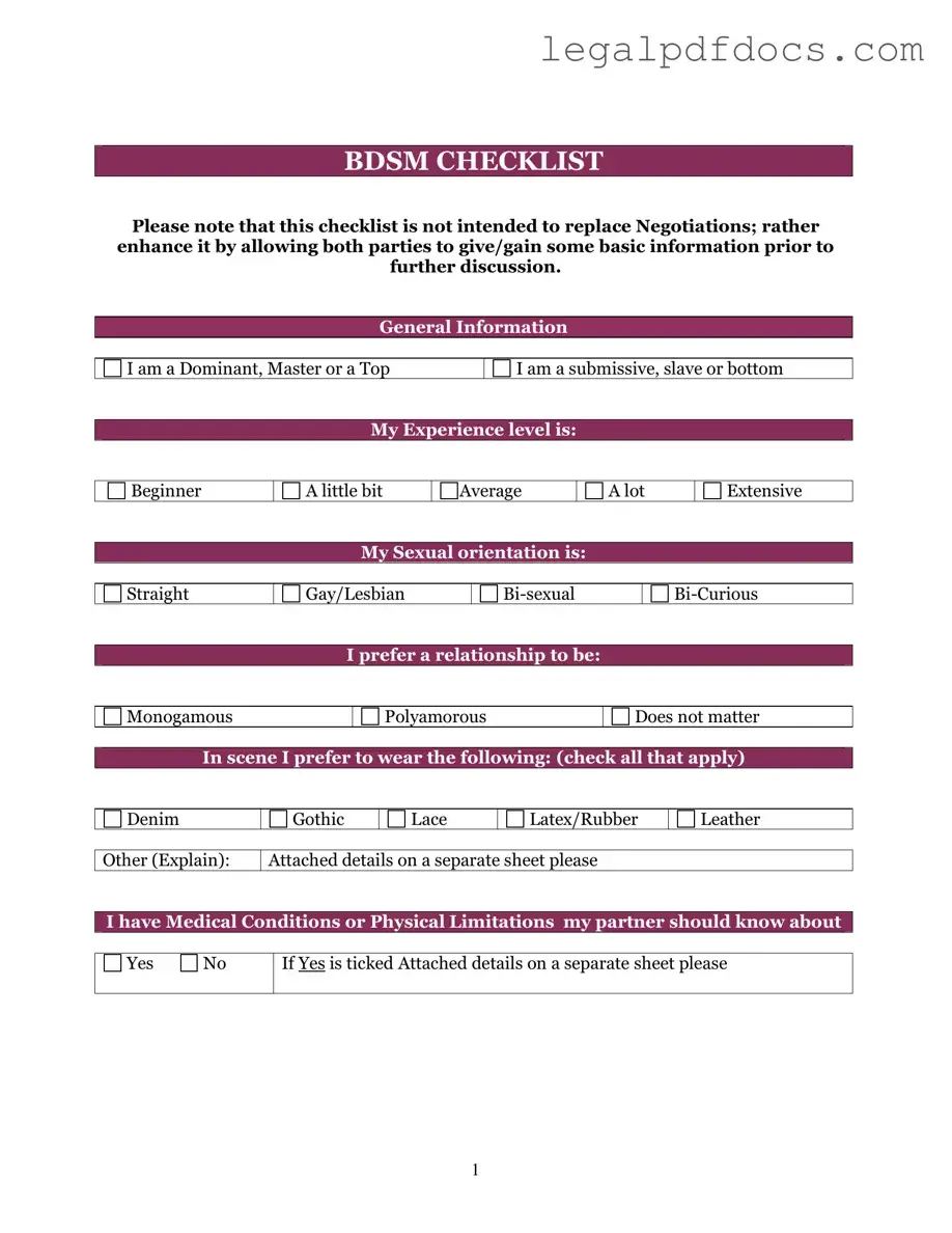 Fill Out a Valid Bdsm Checklist Template