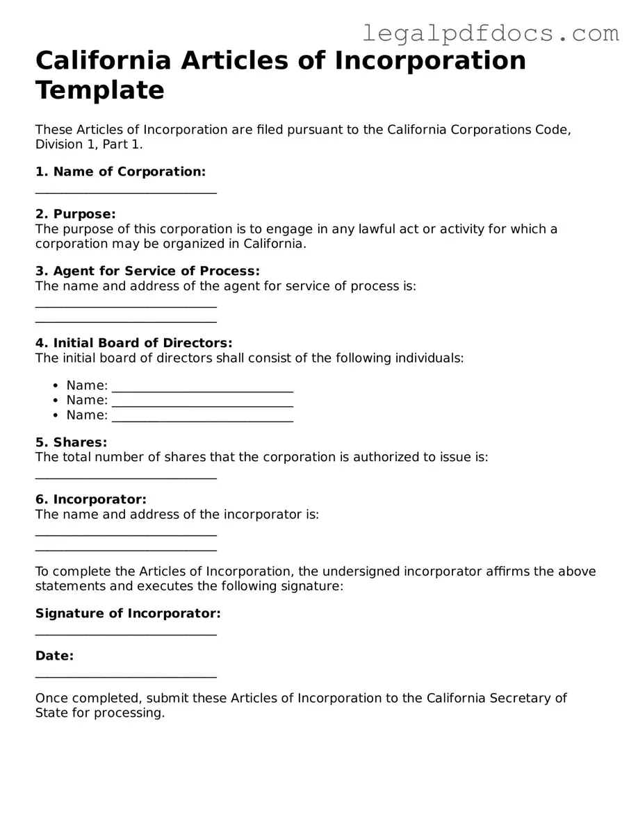 Official  Articles of Incorporation Form for California