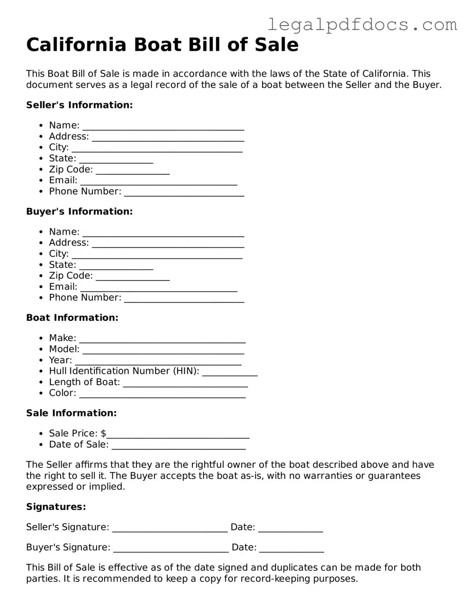Official Boat Bill of Sale Form for California