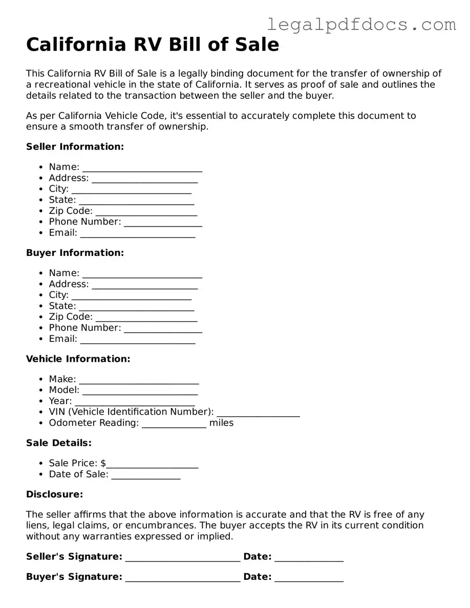 Official  RV Bill of Sale Form for California