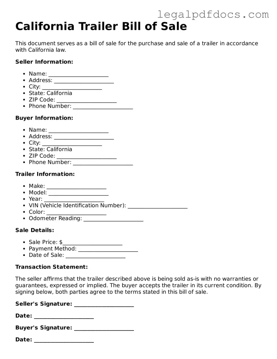 Official Trailer Bill of Sale Form for California