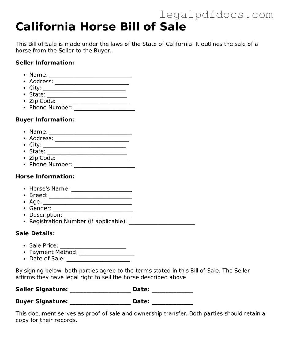 Official  Horse Bill of Sale Form for California
