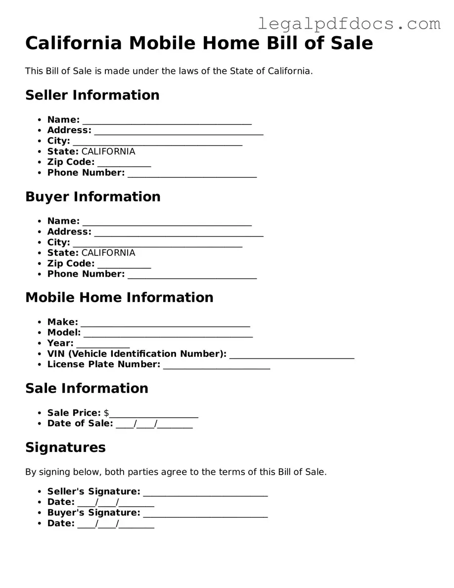 Official  Mobile Home Bill of Sale Form for California