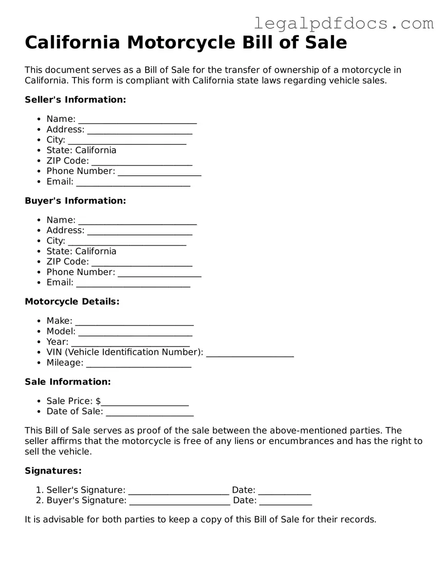 Official Motorcycle Bill of Sale Form for California