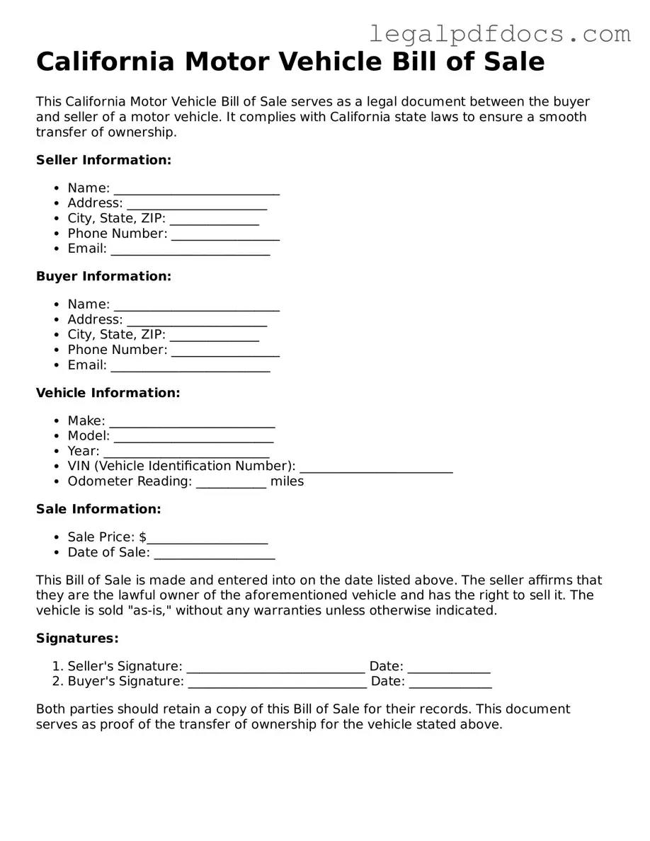 Official  Motor Vehicle Bill of Sale Form for California