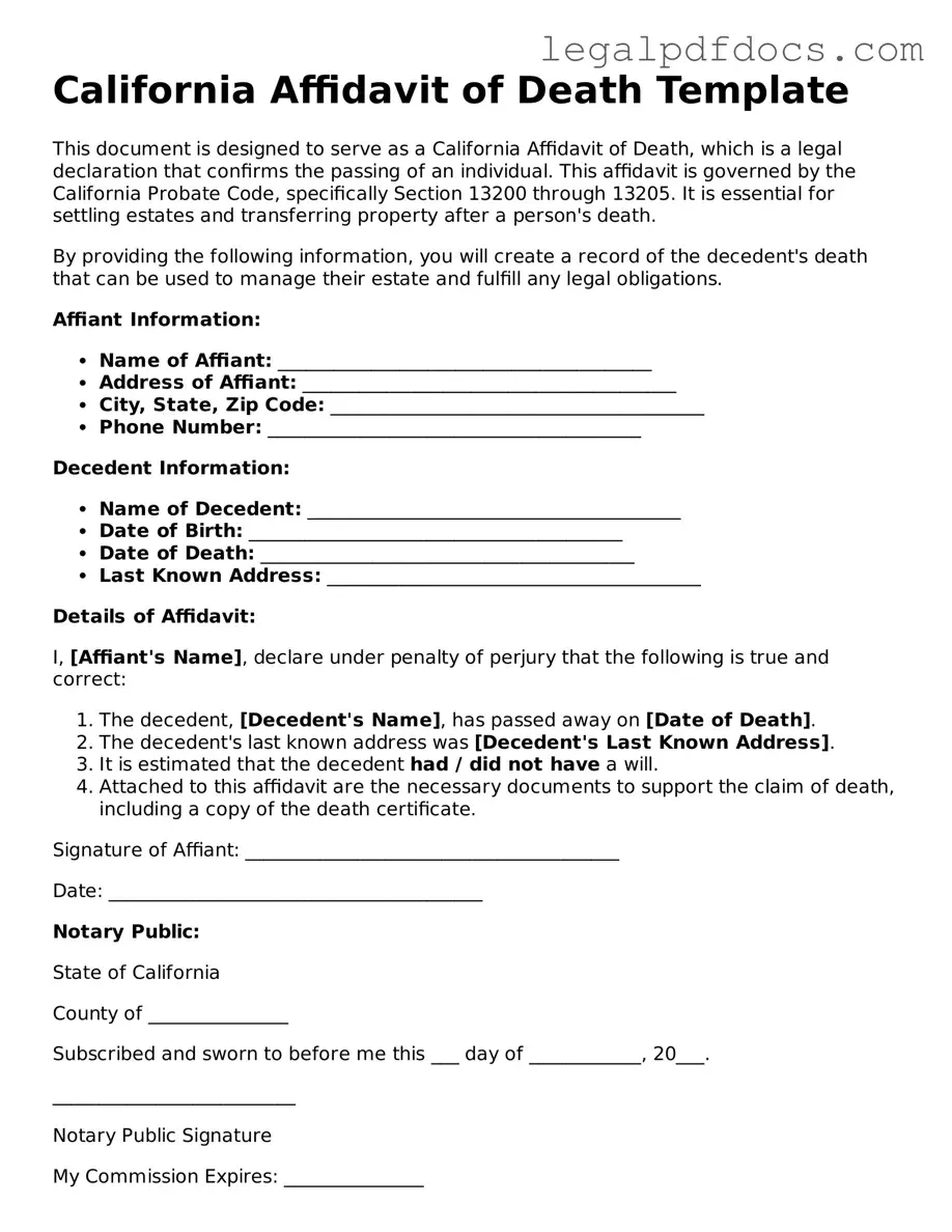 Official  Affidavit of Death Form for California