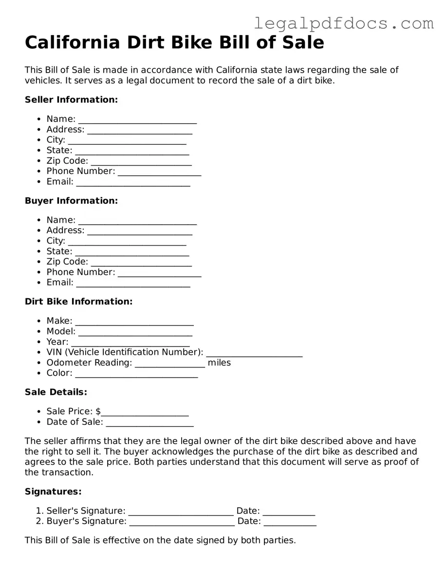 Official  Dirt Bike Bill of Sale Form for California