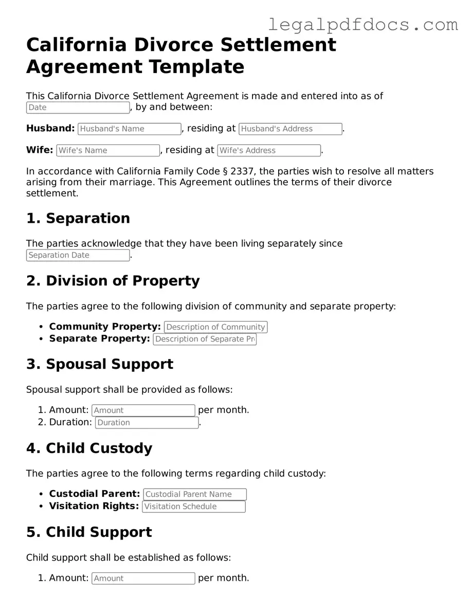 Official  Divorce Settlement Agreement Form for California