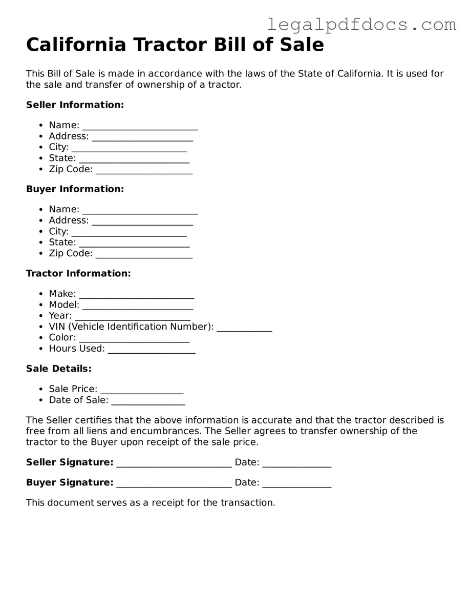 Official  Tractor Bill of Sale Form for California