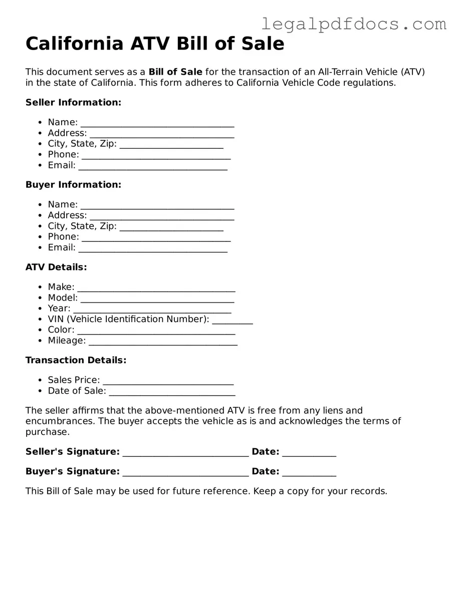 Official  ATV Bill of Sale Form for California