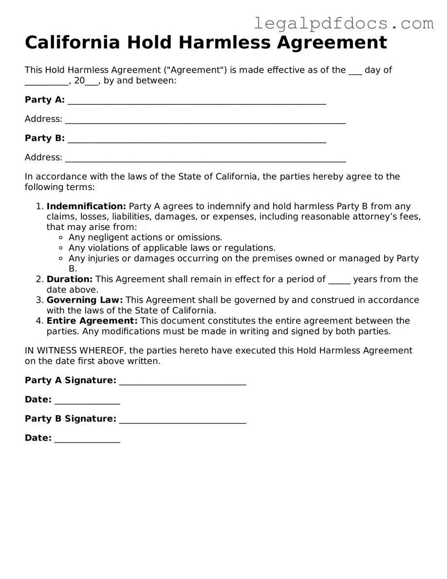 Official  Hold Harmless Agreement Form for California