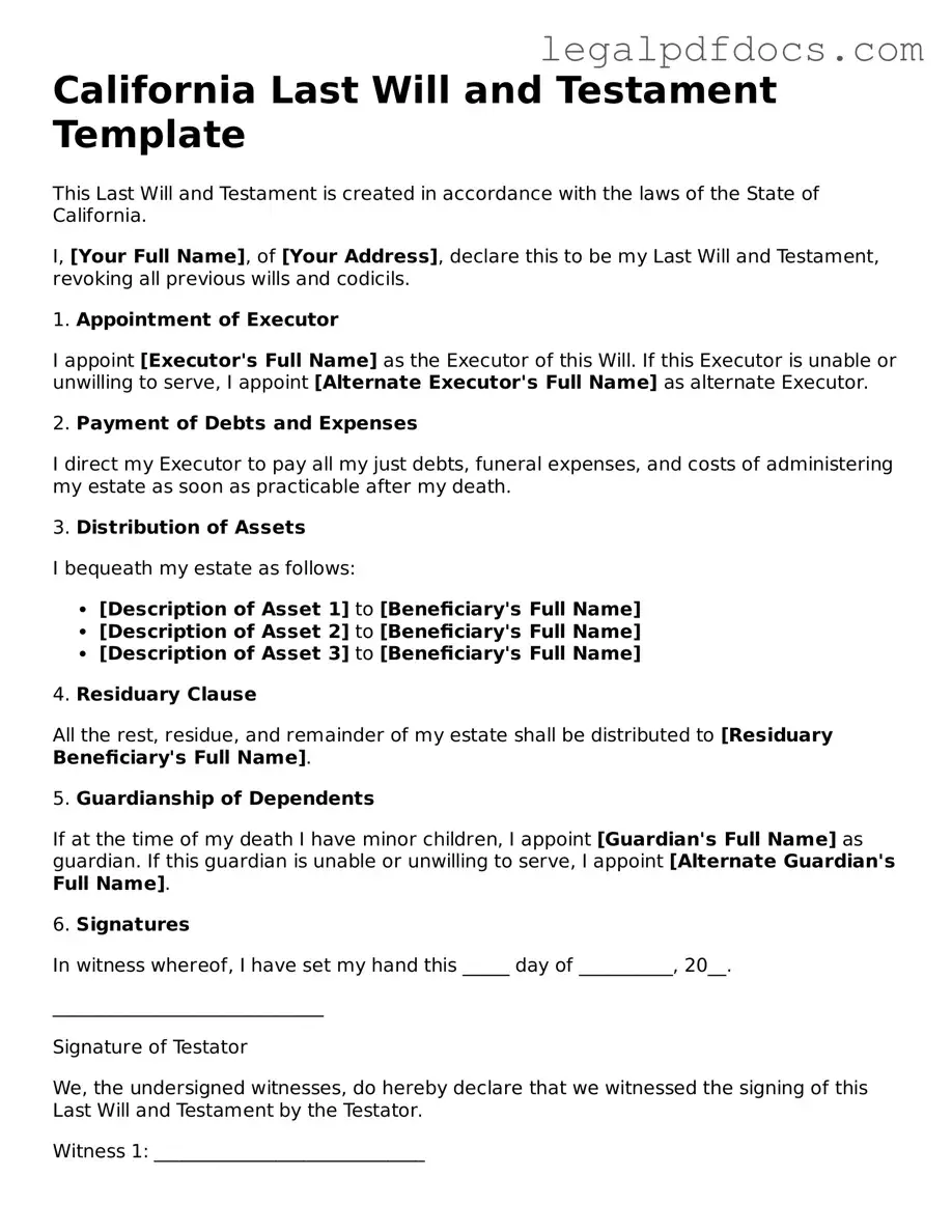Official Last Will and Testament Form for California
